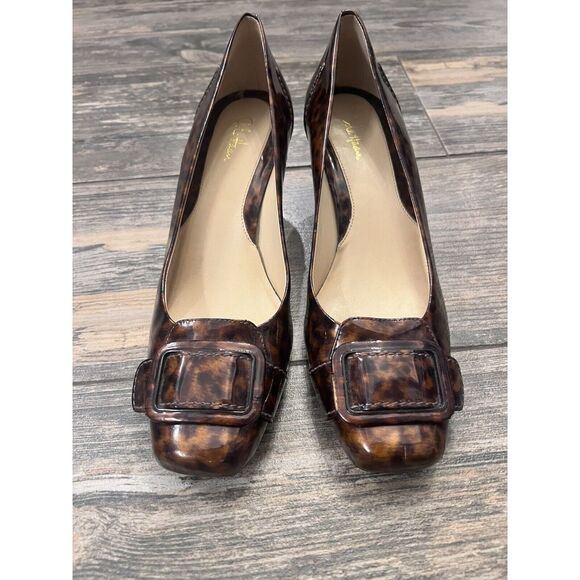 Cole Haan Womens Leopard Patent Leather Square‎ Toe Heel - Size 8B Flaws - Picture 1 of 9
